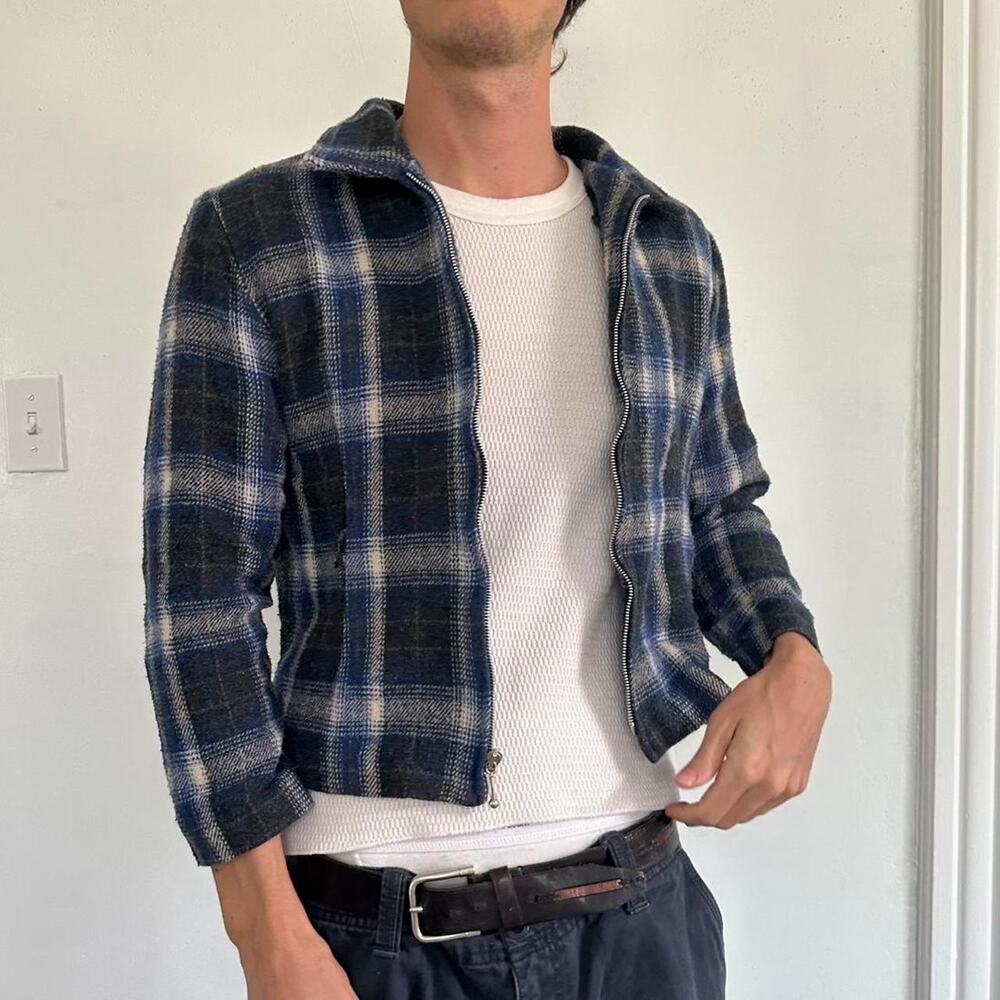 Vintage 70s 80s Retro Plaid Wool Zip Up Cropped Work Jacket